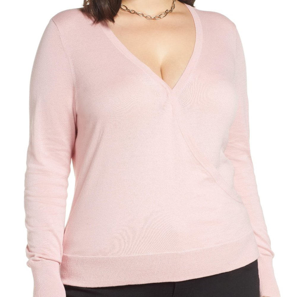 Halogen Faux Wrap Pink V-Neck Long Sleeve Sweater